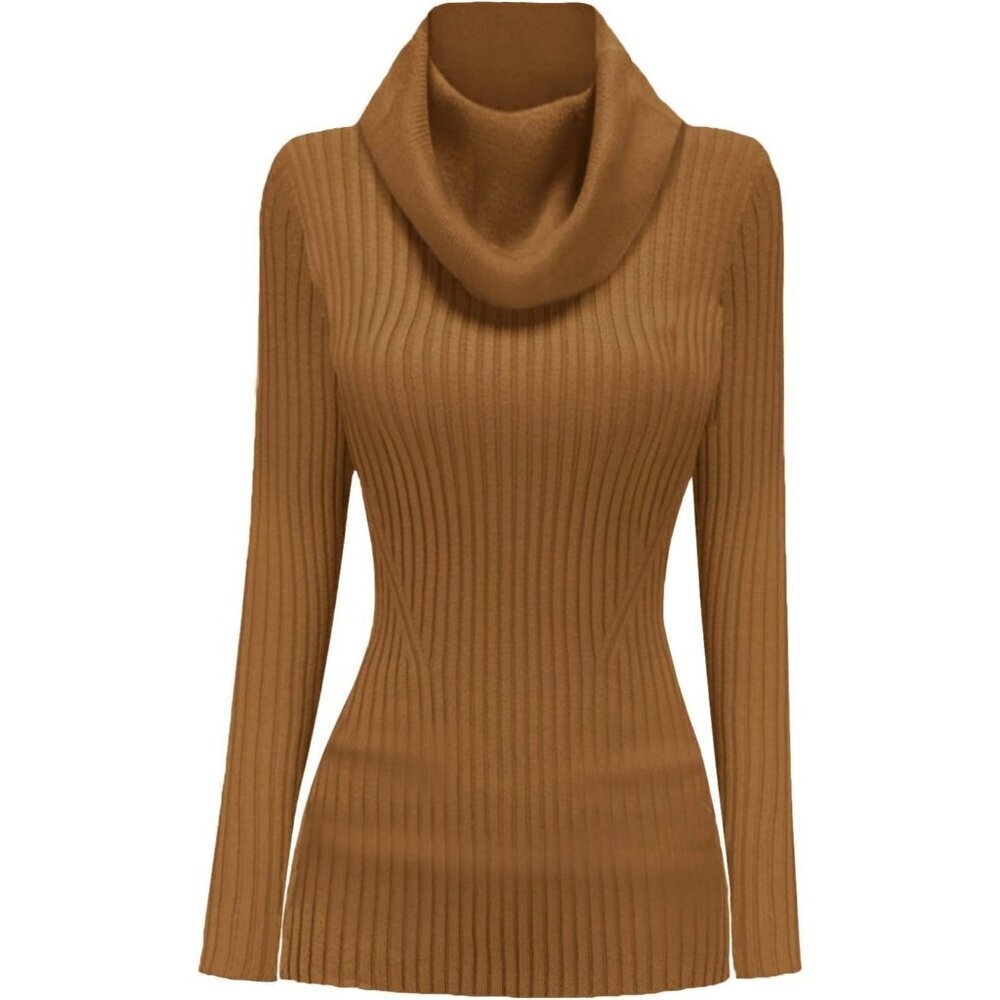 Women’s Cowl Neck Brown Stretchable Knit Long Sleeve Bodycon Slim Sexy Sweater